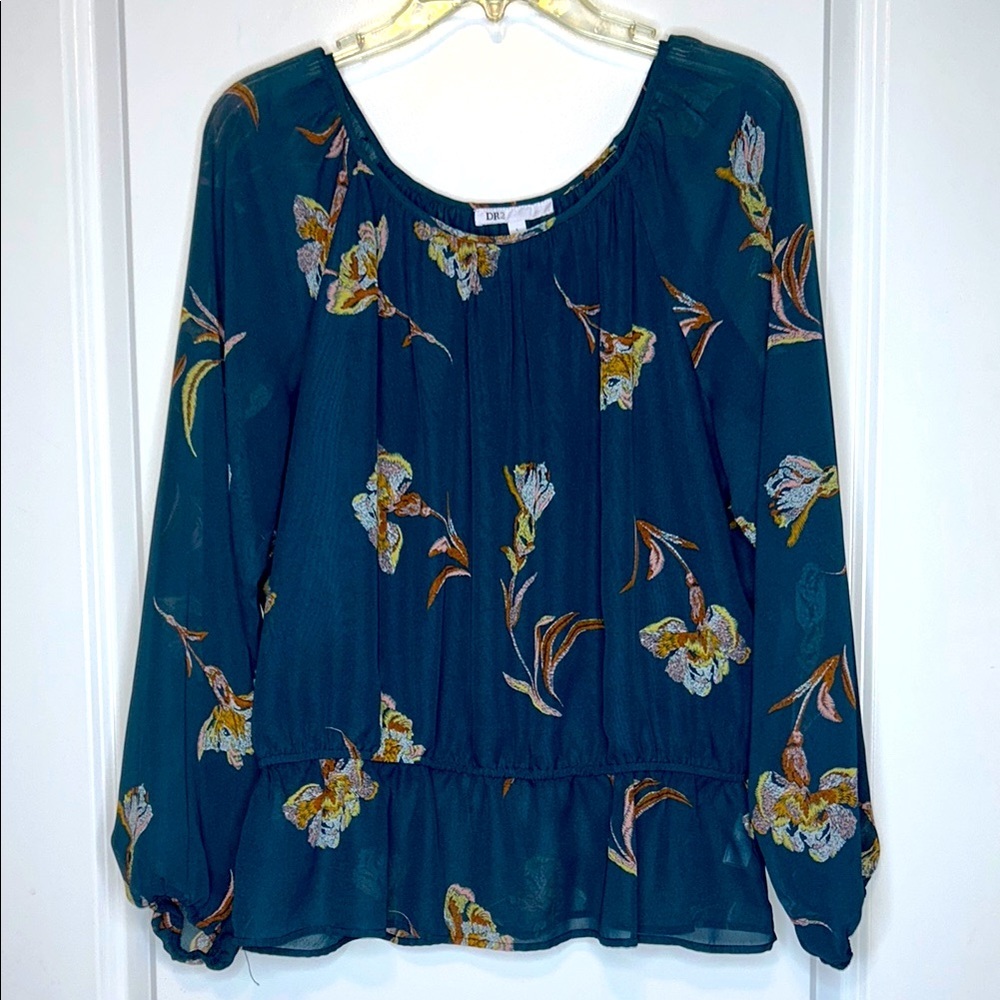 DR2 Dark Teal Blue Puff Sleeve Peplum Floral Blouse size Large - Picture 10 of 10